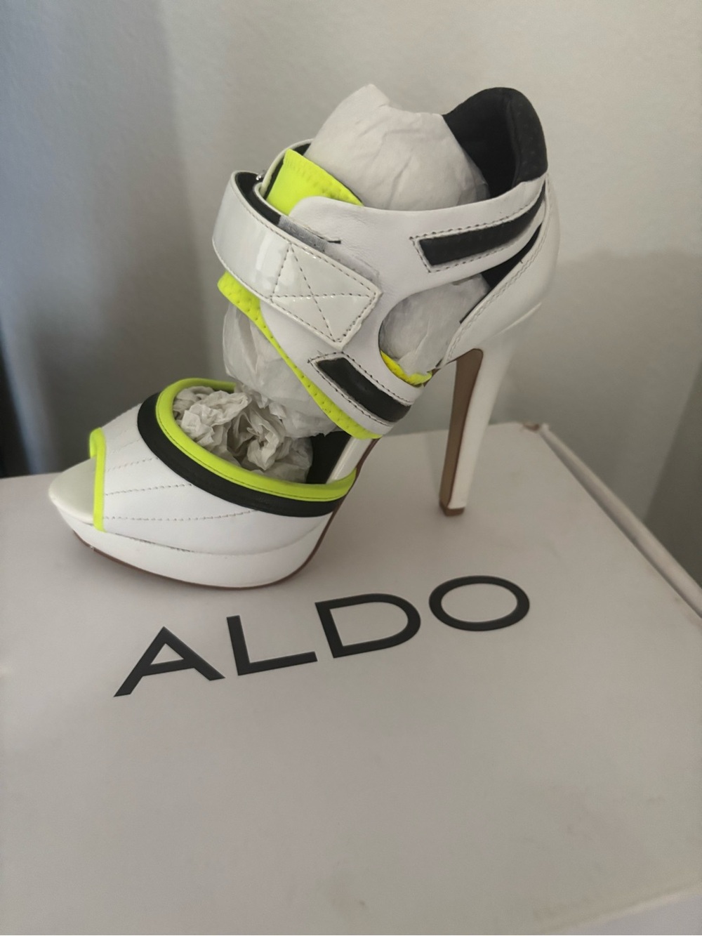 ALDO White High Heel Sandals with Neon Yellow and Black Accents